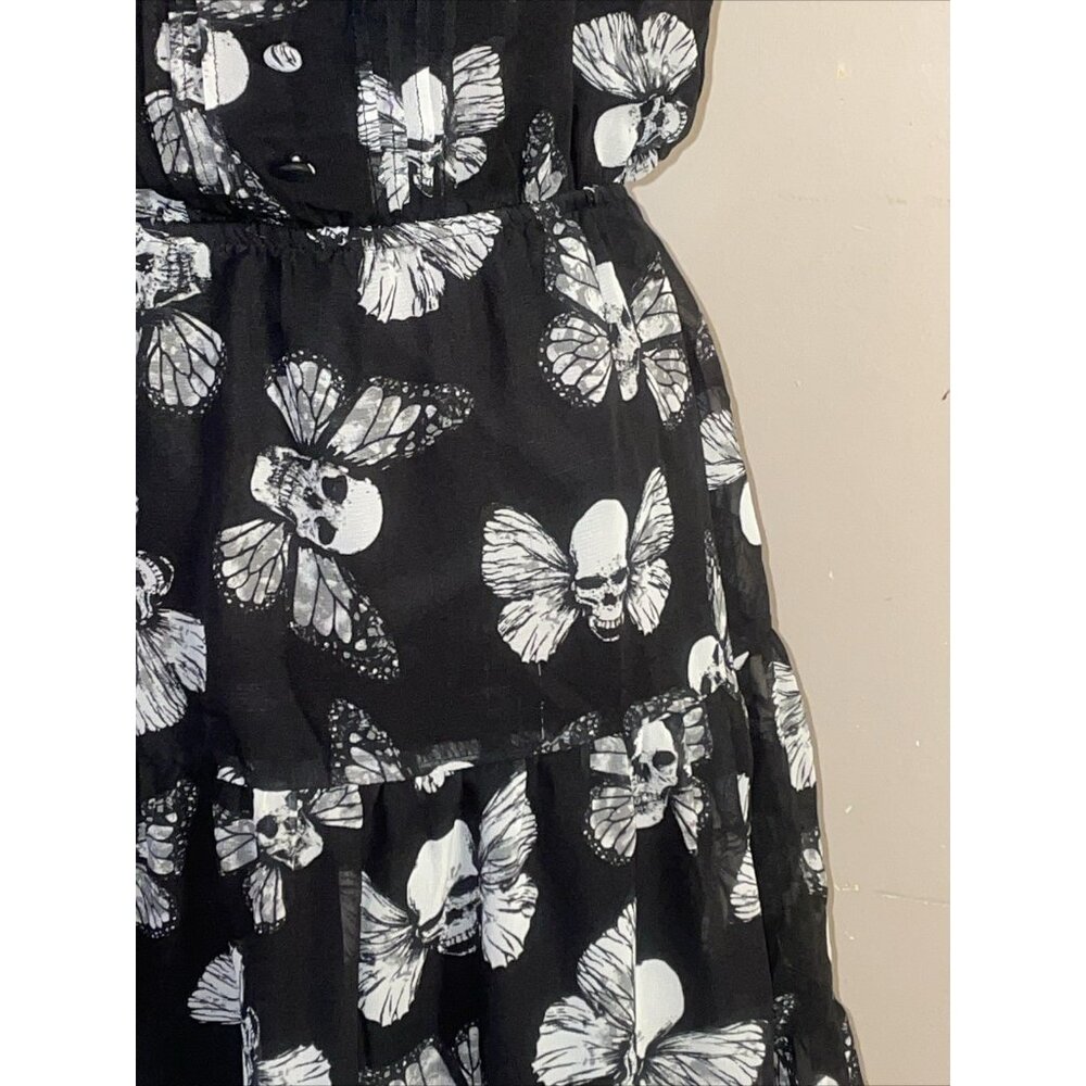 Hot Topic Skull Butterfly Black Mini Dress Skater Sleeveless Sheer Overlay Sz M - Picture 2 of 11